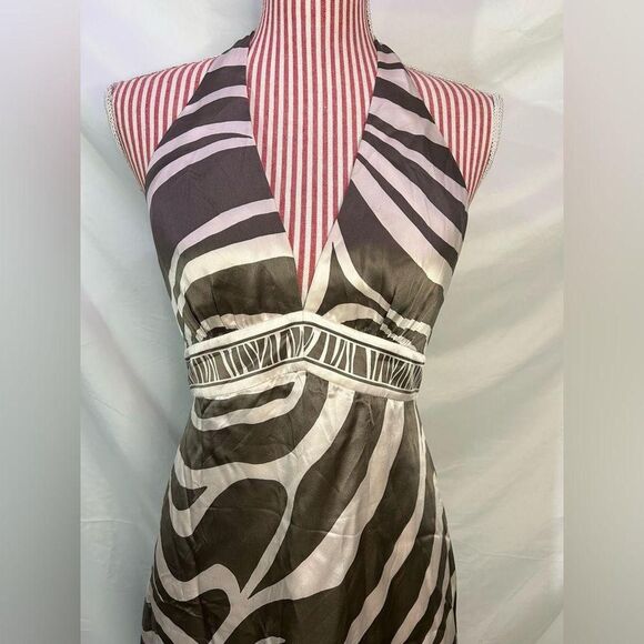 BCBG Silk Halter Dress Zebra Striped Brown Champagne Cocktail $260 Size 6 - Picture 4 of 8